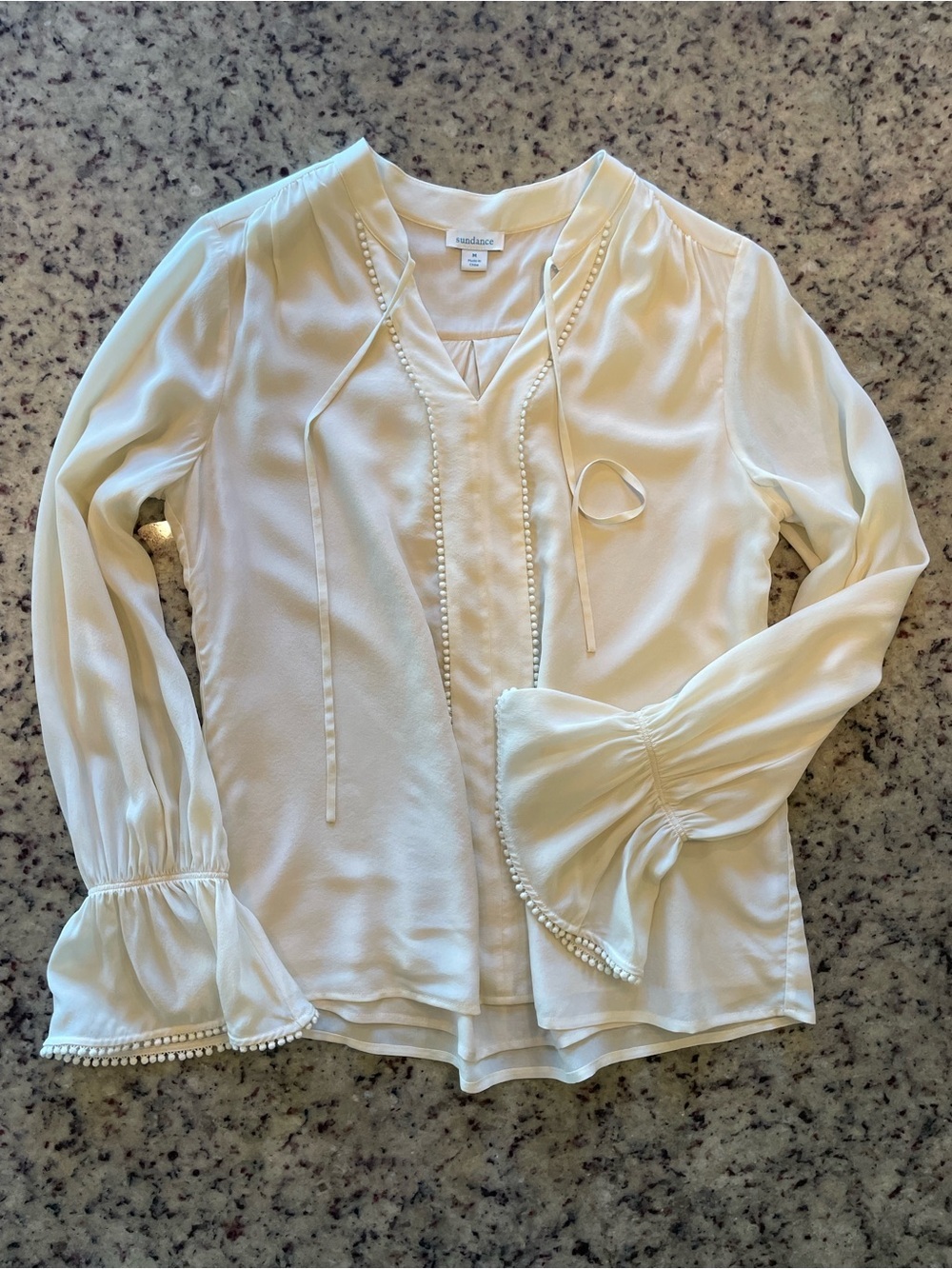 New Sundance 100% silk  V-Neck Peplum Sleeve Top with Pearl embroidered Trim M